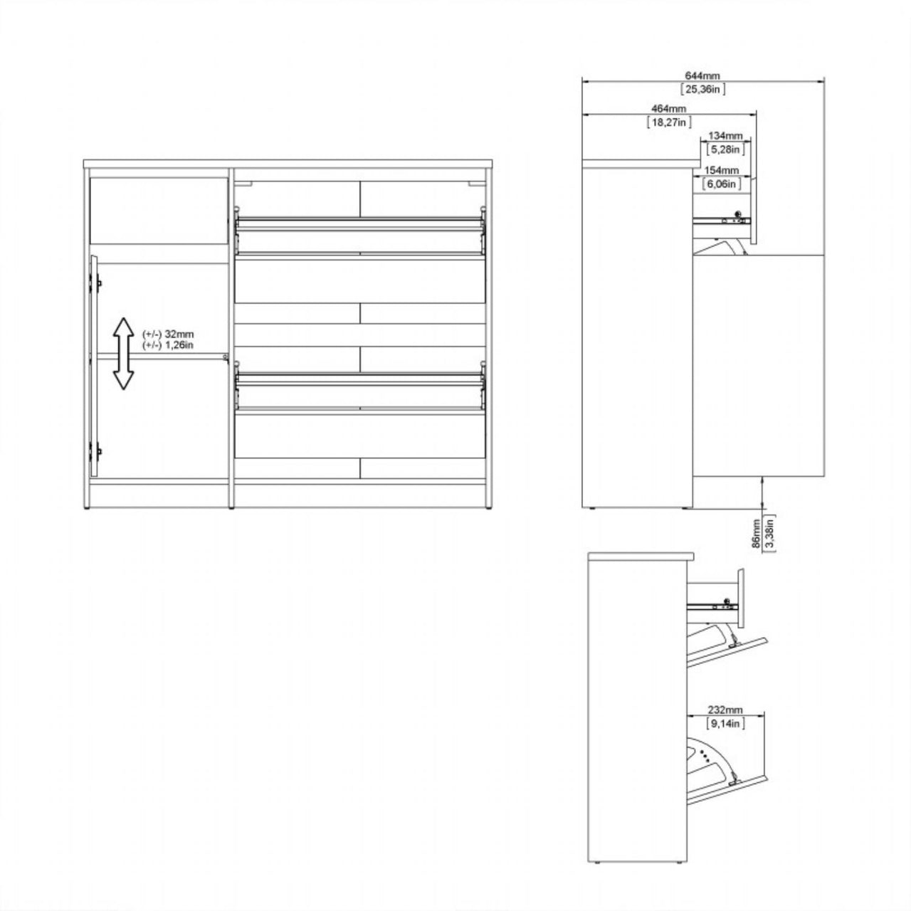 Shoe Cabinet with 2 Shoe Compartments, 1 Door and 1 Drawer in Concrete and White High Gloss