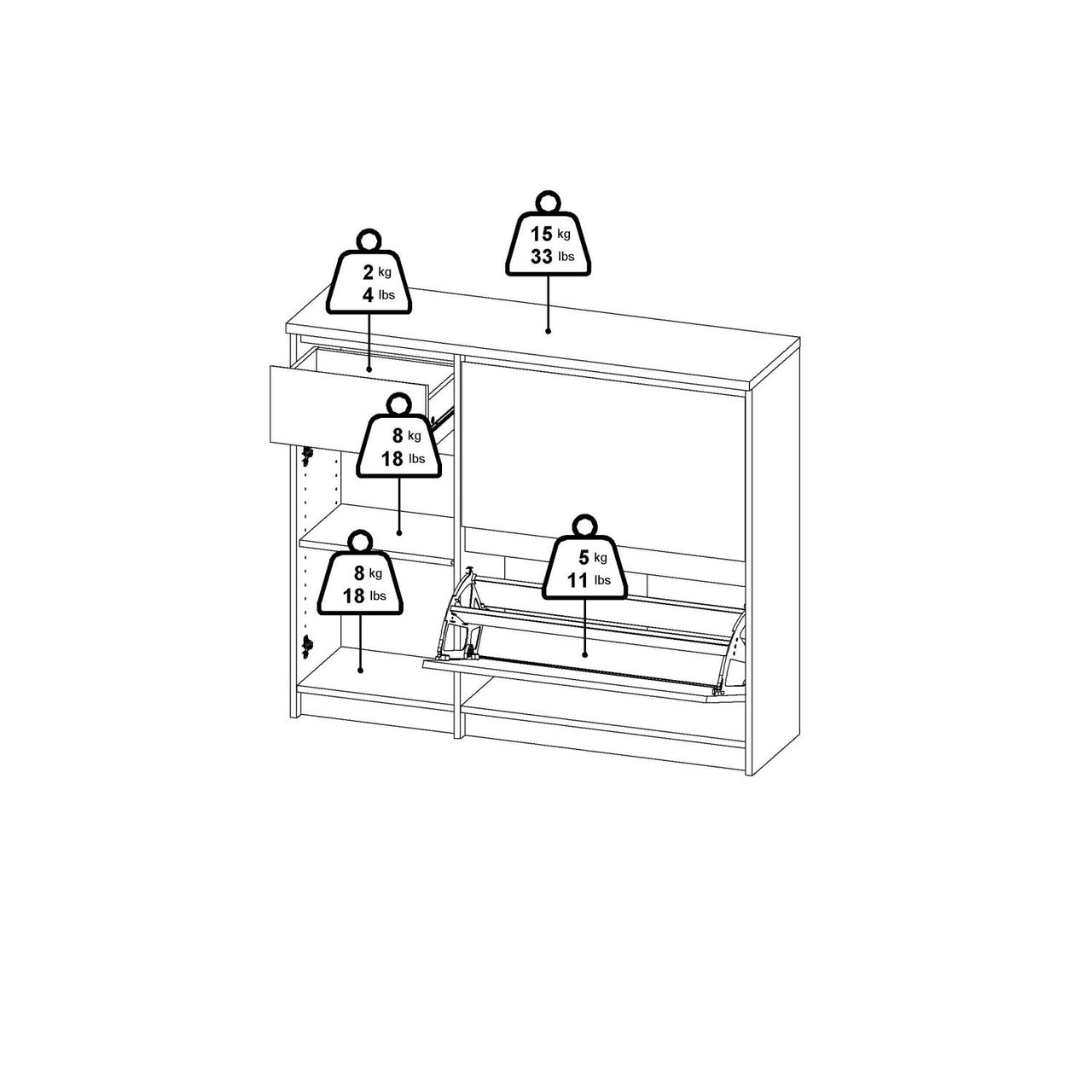 Shoe Cabinet with 2 Shoe Compartments, 1 Door and 1 Drawer in Concrete and White High Gloss