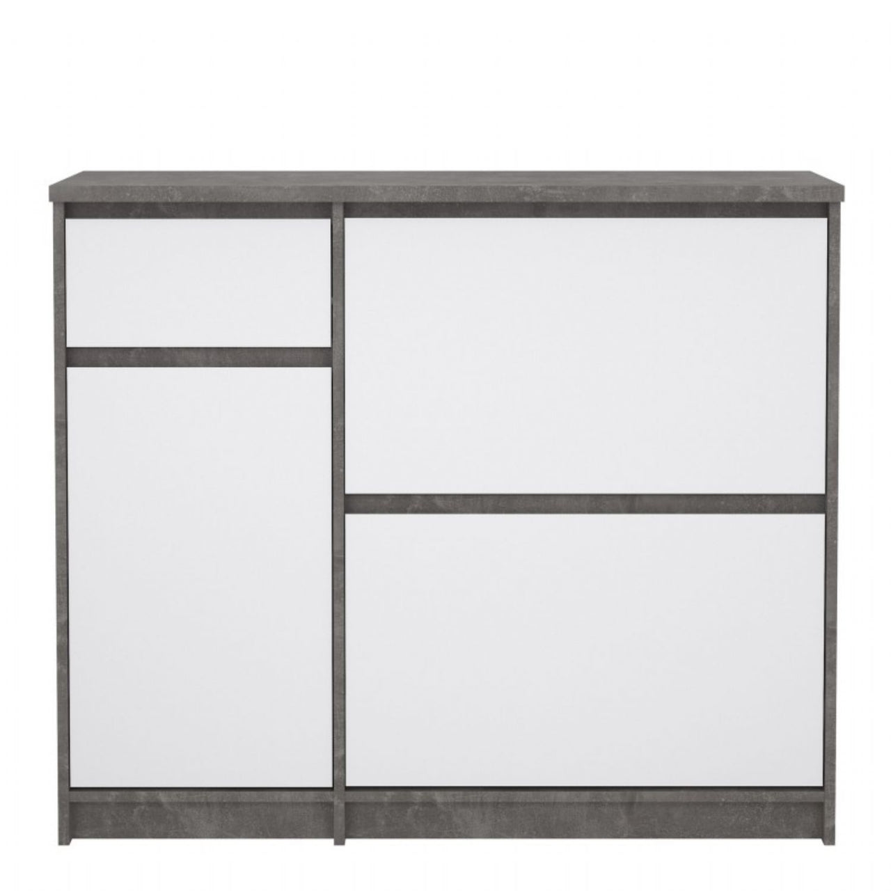 Shoe Cabinet with 2 Shoe Compartments, 1 Door and 1 Drawer in Concrete and White High Gloss