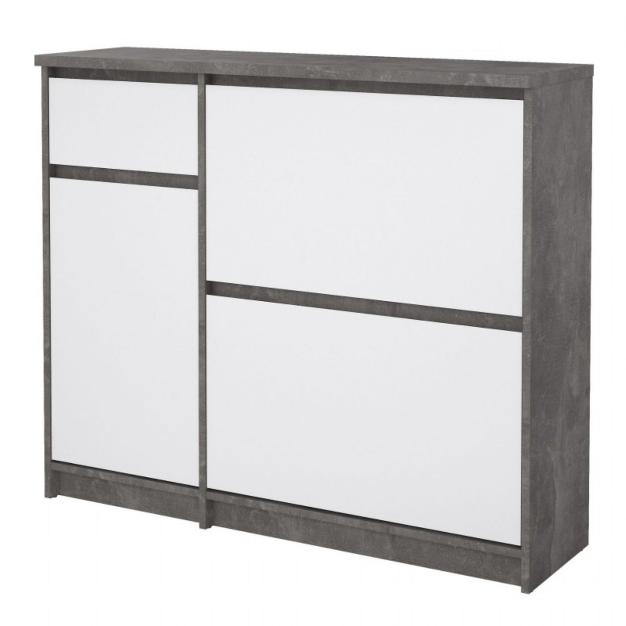 Shoe Cabinet with 2 Shoe Compartments, 1 Door and 1 Drawer in Concrete and White High Gloss