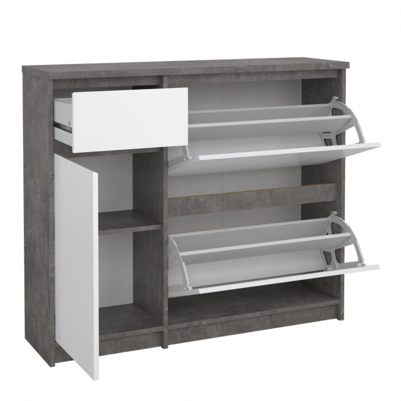 Shoe Cabinet with 2 Shoe Compartments, 1 Door and 1 Drawer in Concrete and White High Gloss