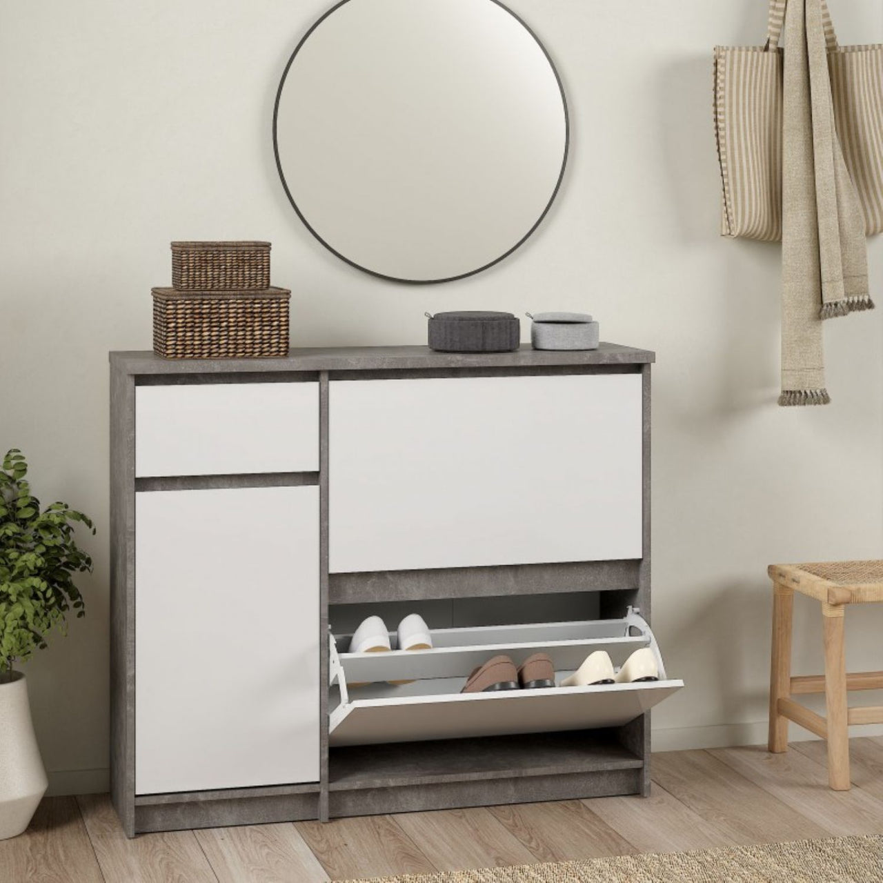 Shoe Cabinet with 2 Shoe Compartments, 1 Door and 1 Drawer in Concrete and White High Gloss