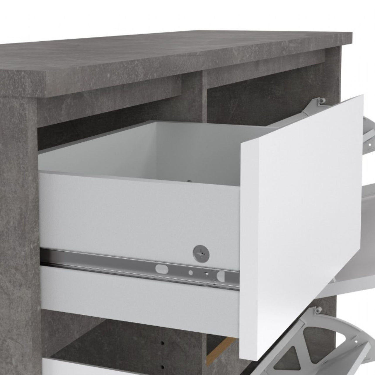 Shoe Cabinet with 2 Shoe Compartments, 1 Door and 1 Drawer in Concrete and White High Gloss