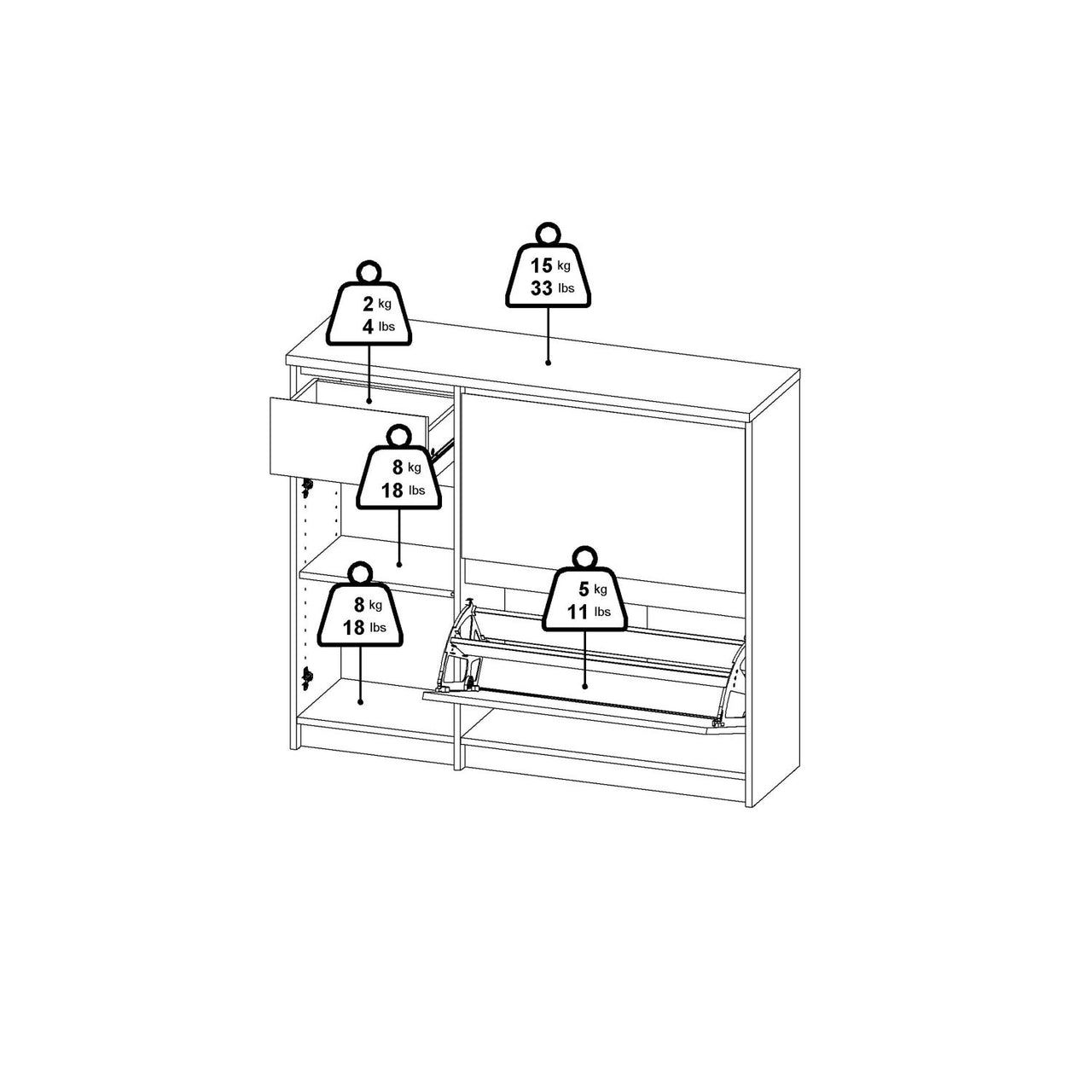 Shoe Cabinet with 2 Shoe Compartments, 1 Door and 1 Drawer in Jackson Hickory Oak