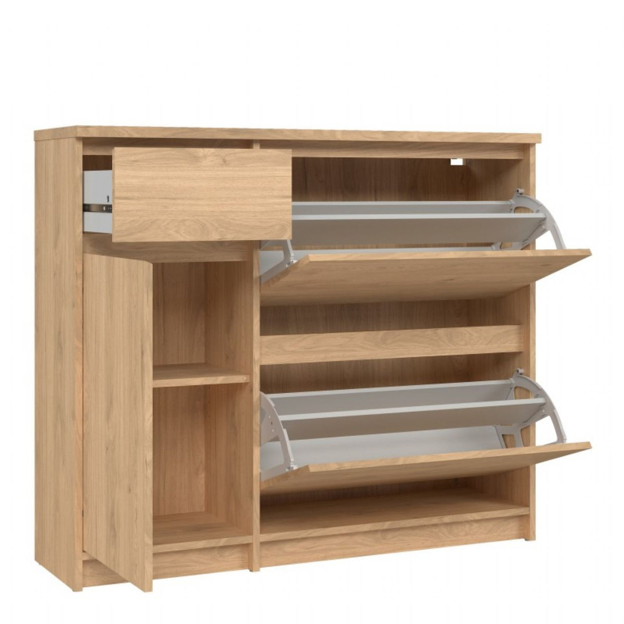 Shoe Cabinet with 2 Shoe Compartments, 1 Door and 1 Drawer in Jackson Hickory Oak