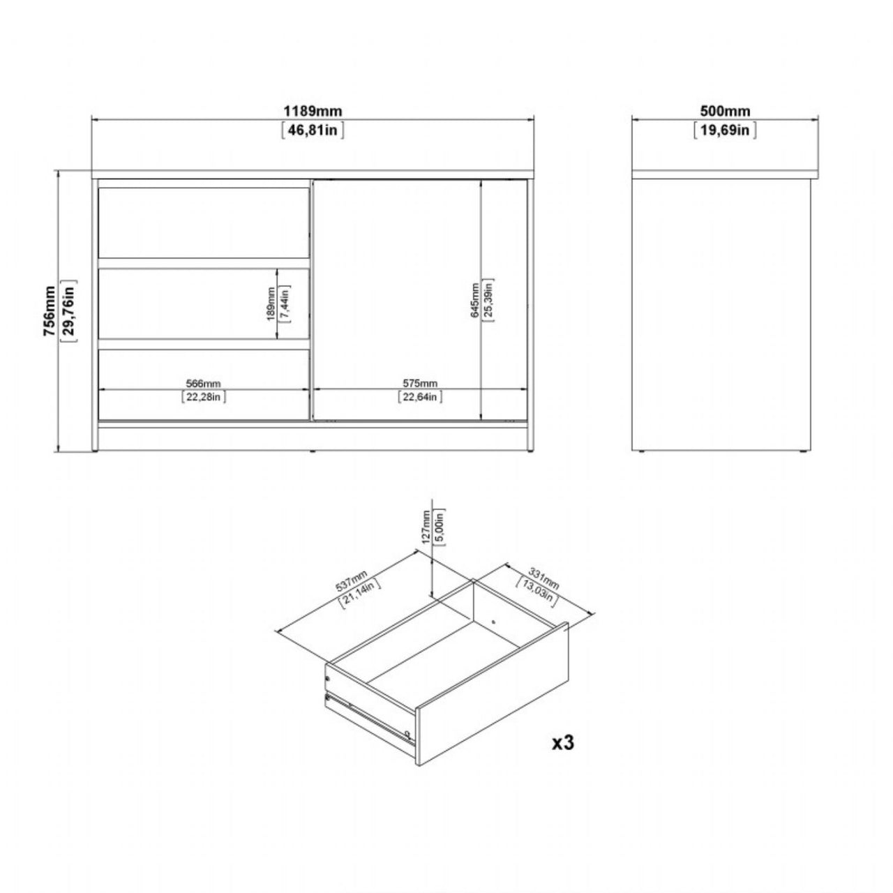 Storage Unit with 1 Sliding Door and 3 Drawers in Jackson Hickory Oak