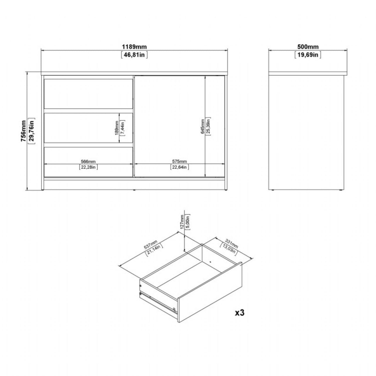 Storage Unit with 1 Sliding Door and 3 Drawers in White High Gloss