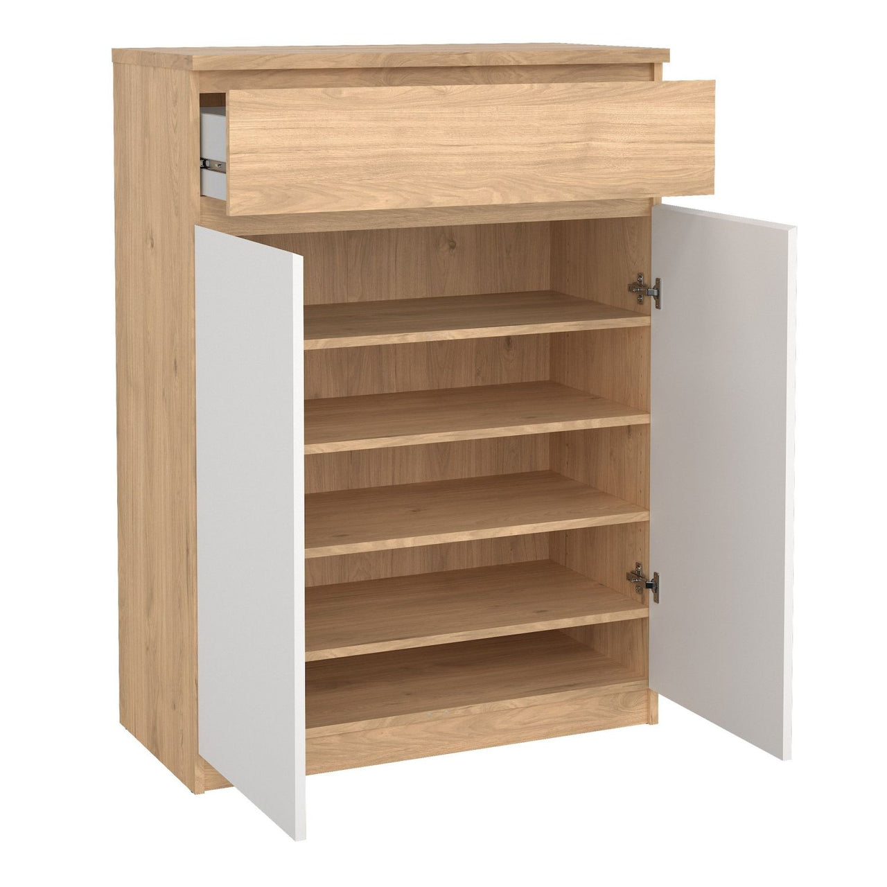 Naia Shoe Cabinet with 2 Doors +1 Drawer in Jackson Hickory Oak and white