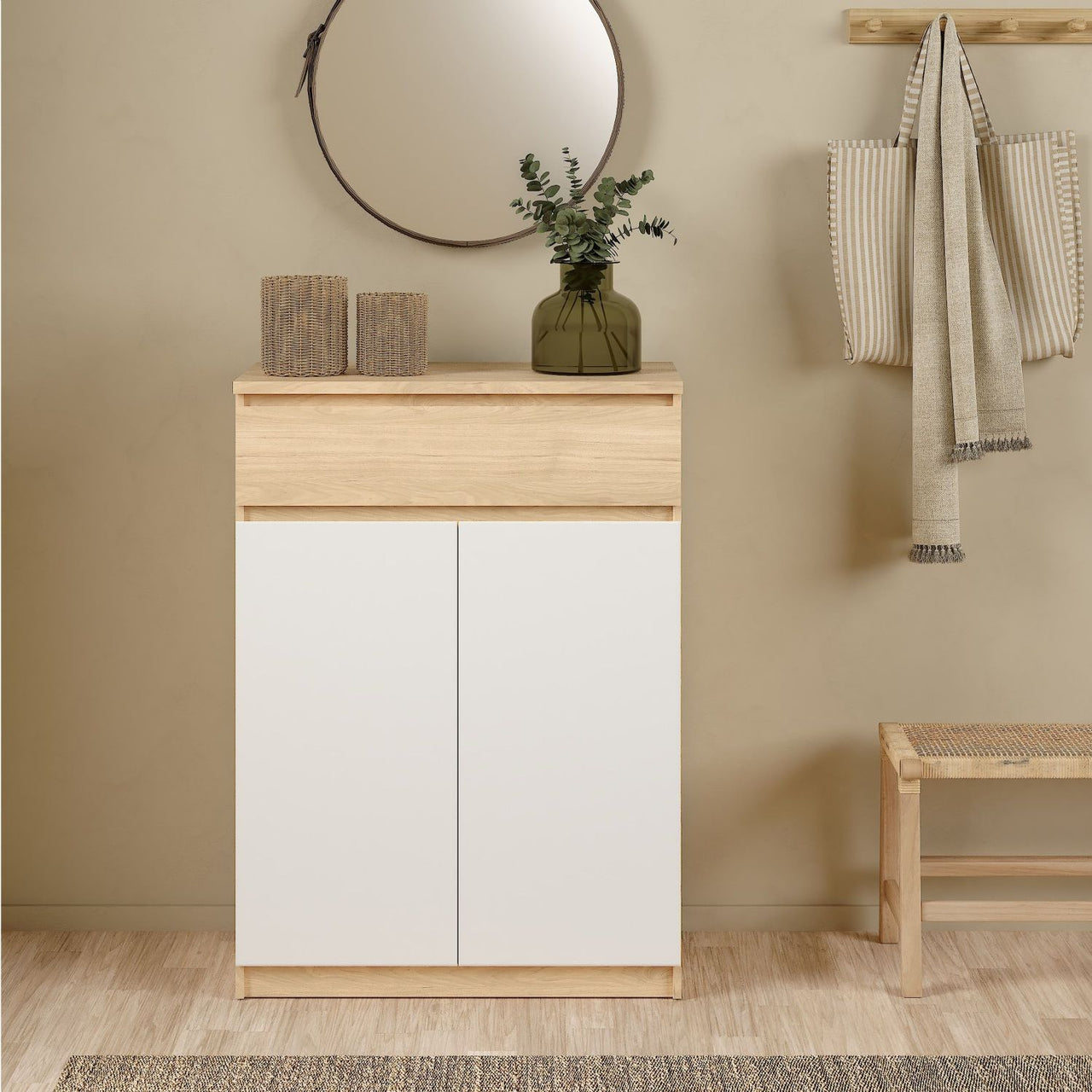 Naia Shoe Cabinet with 2 Doors +1 Drawer in Jackson Hickory Oak and white