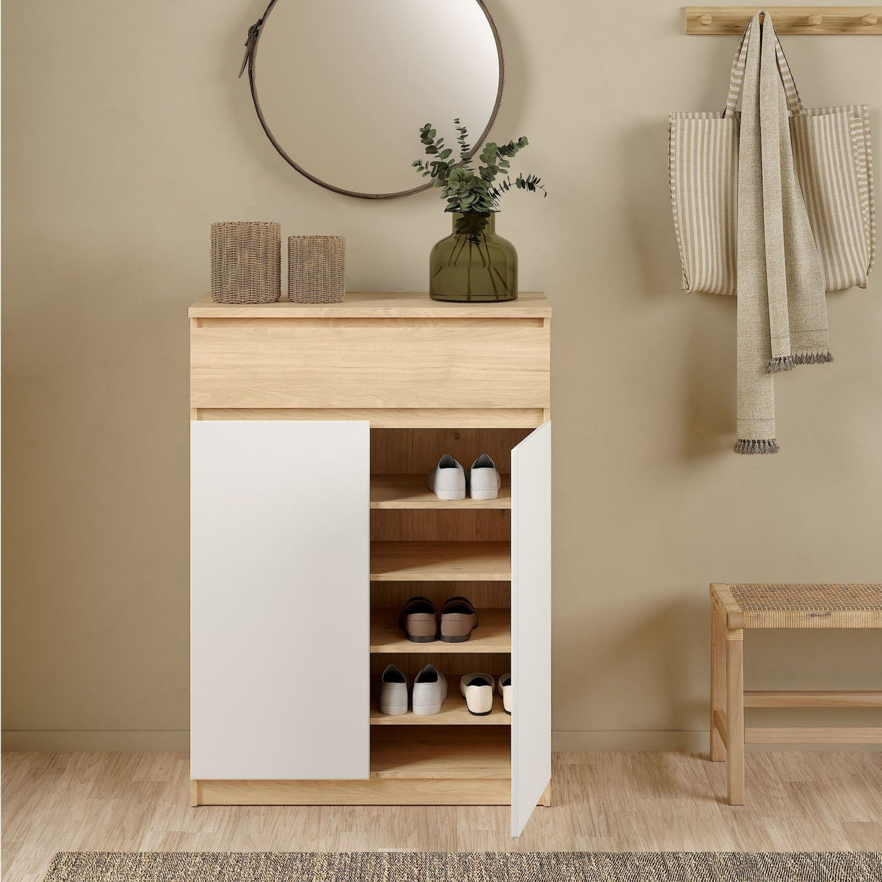 Naia Shoe Cabinet with 2 Doors +1 Drawer in Jackson Hickory Oak and white