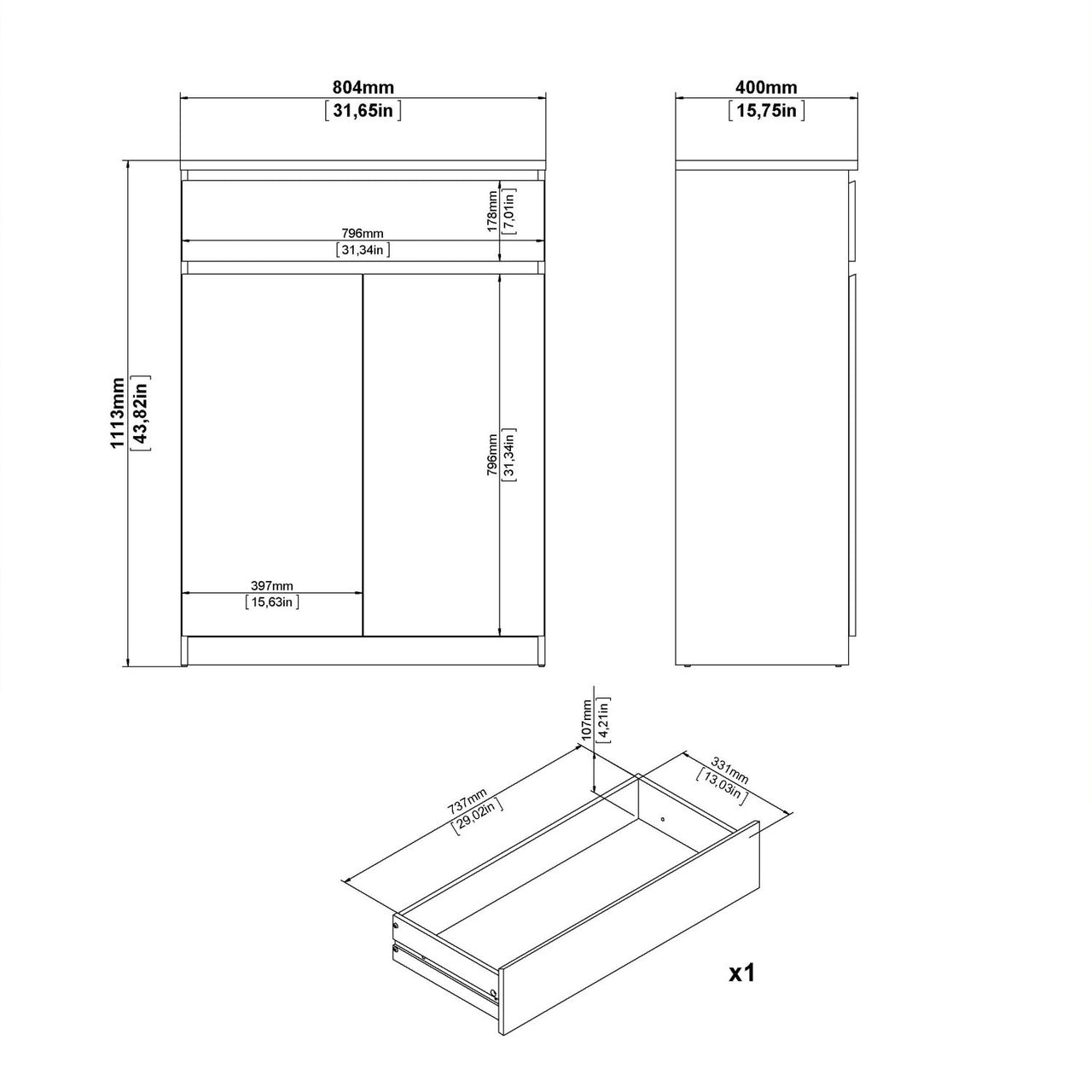 Naia Shoe Cabinet with 2 Doors +1 Drawer in Jackson Hickory Oak and Black