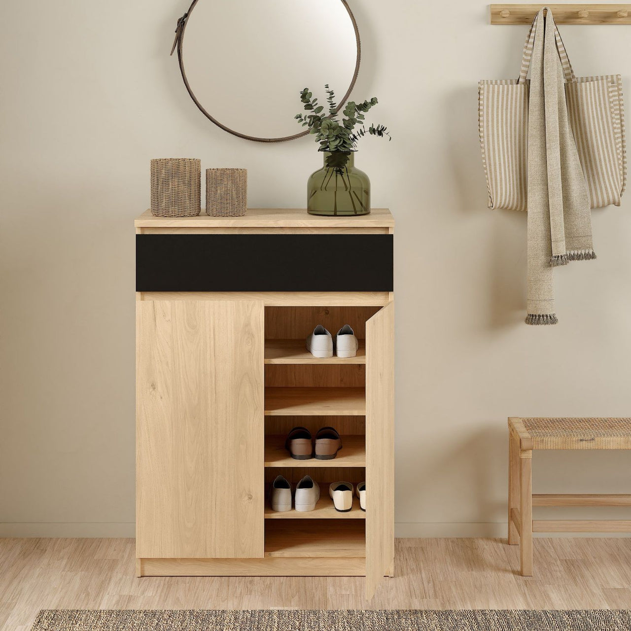 Naia Shoe Cabinet with 2 Doors +1 Drawer in Jackson Hickory Oak and Black