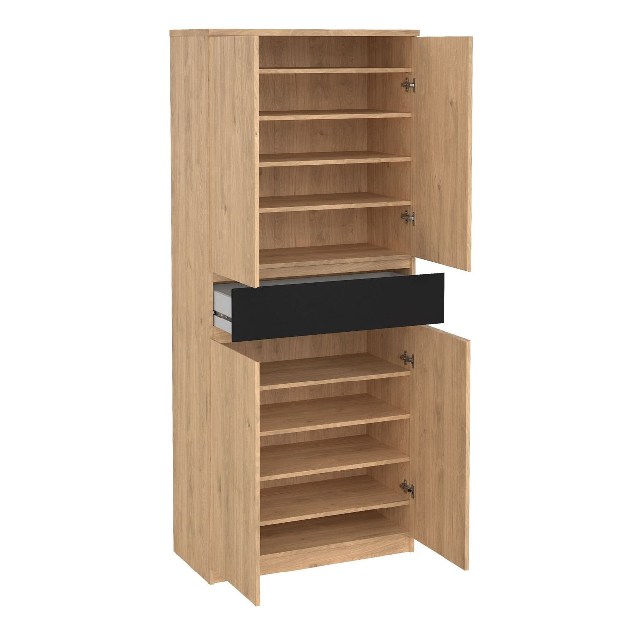 Shoe Cabinet with 4 Doors 1 Drawer in Jackson Hickory Oak and Black