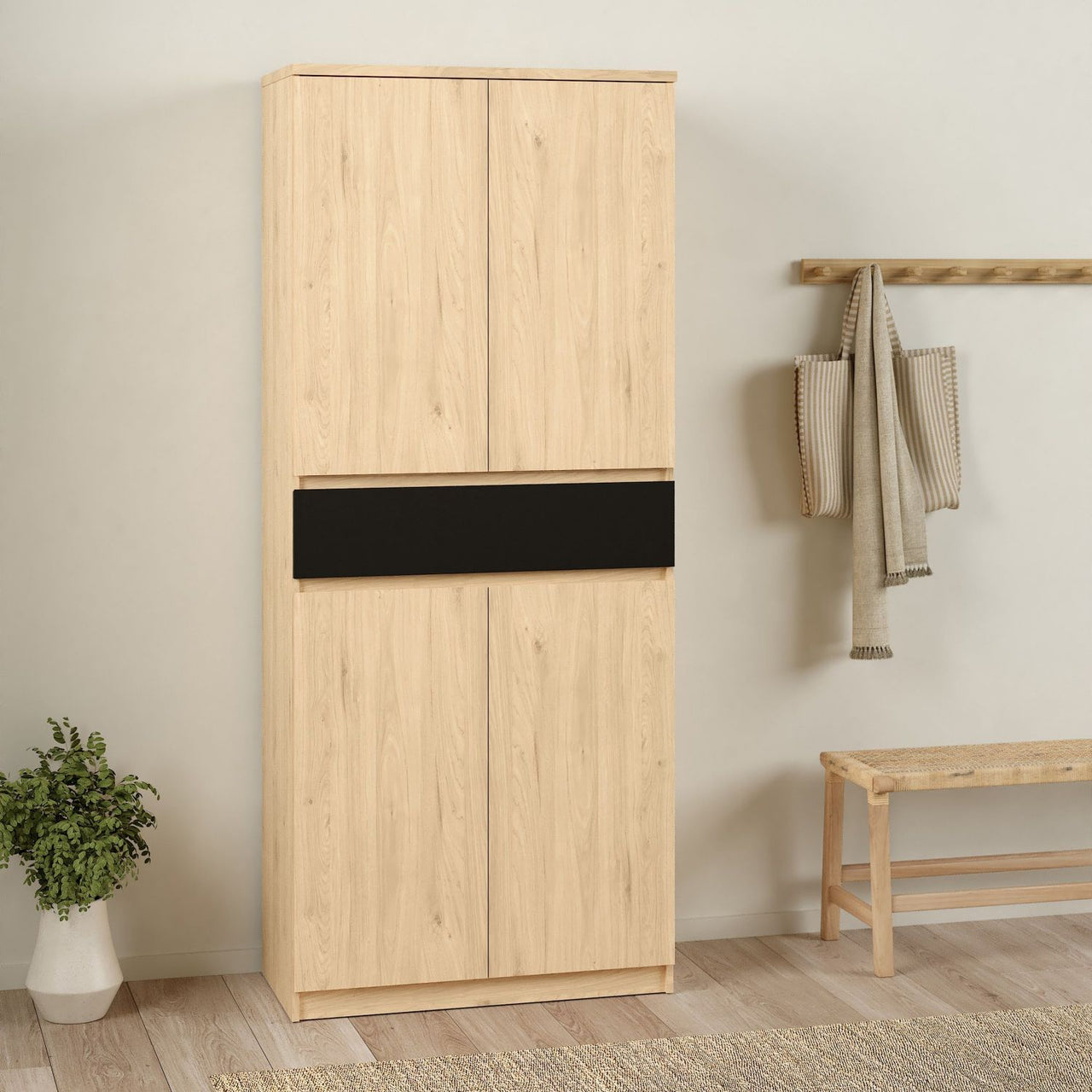 Shoe Cabinet with 4 Doors 1 Drawer in Jackson Hickory Oak and Black