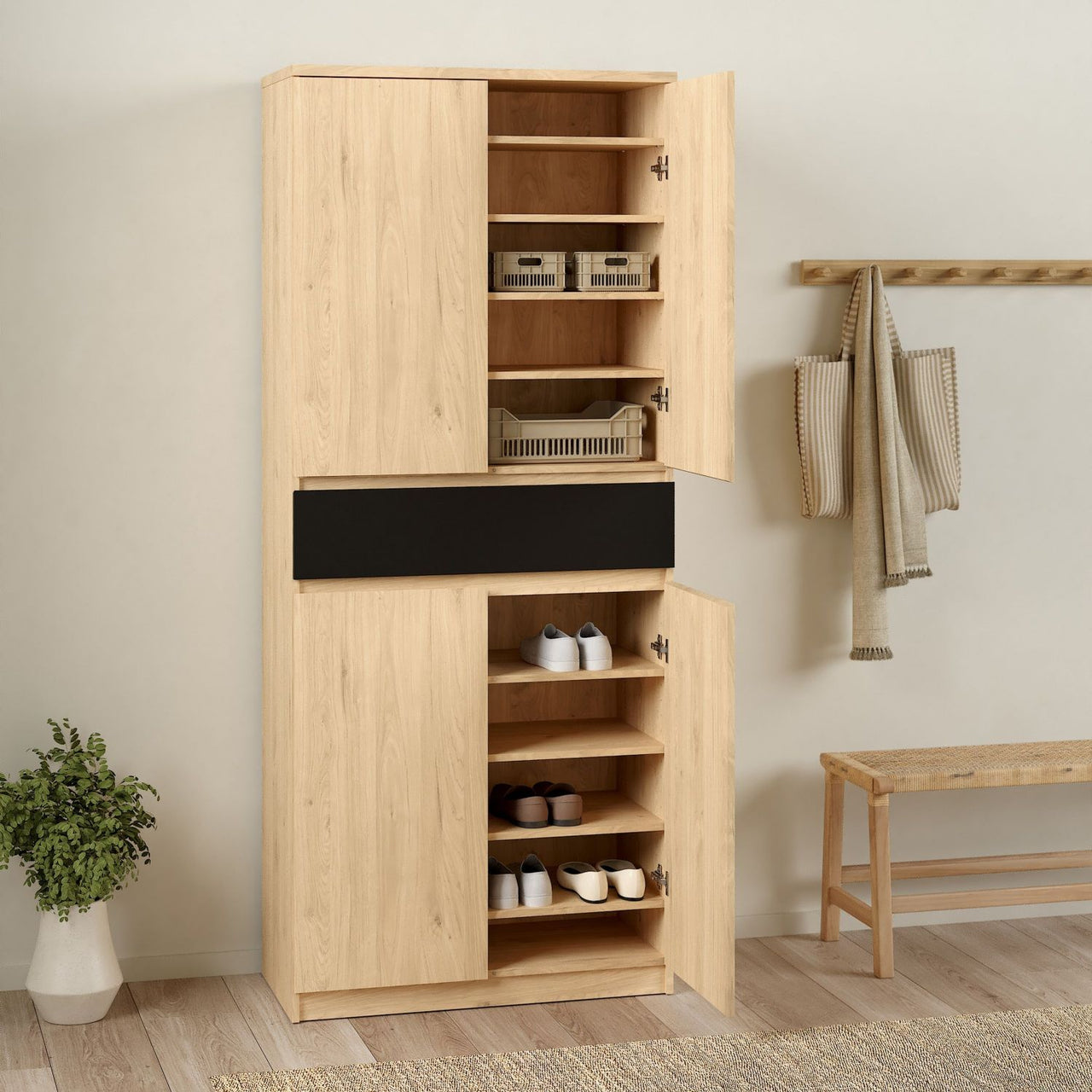 Shoe Cabinet with 4 Doors 1 Drawer in Jackson Hickory Oak and Black