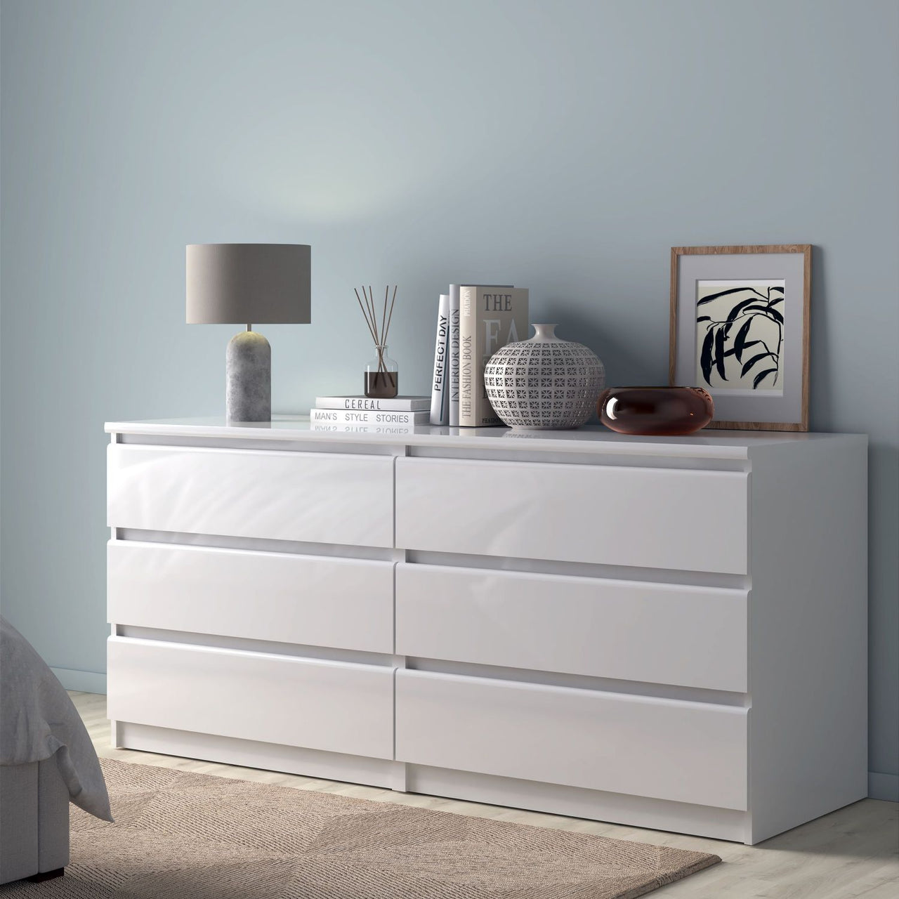 Large White High Gloss Wide 6 Drawer Chest of Drawers