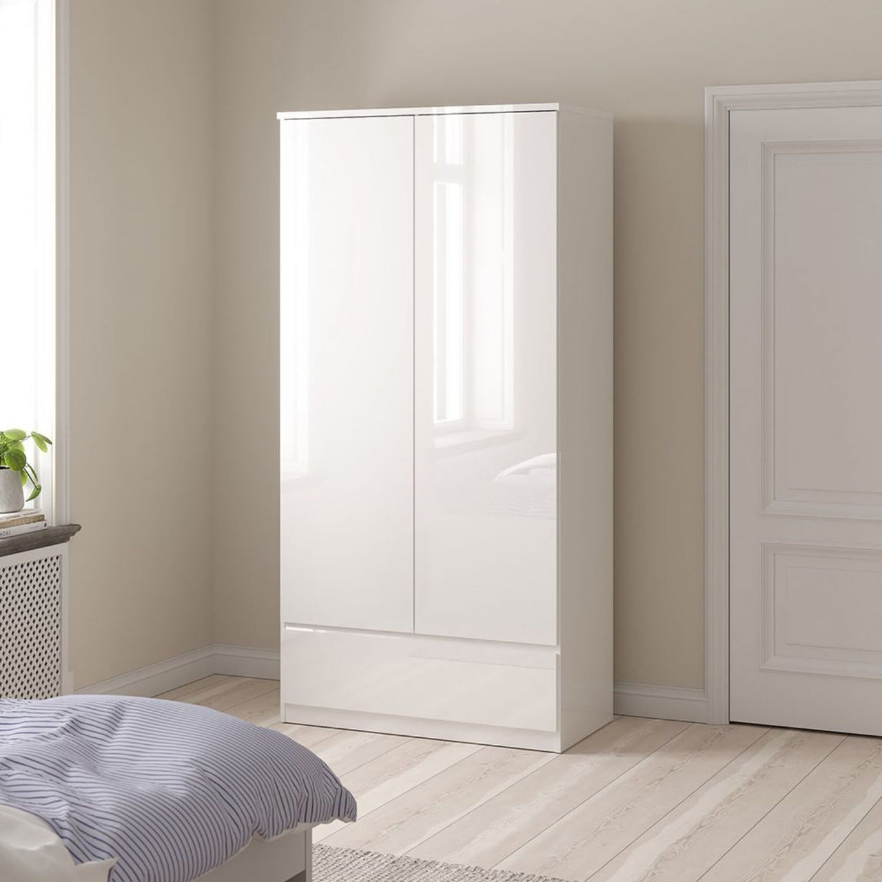 Naia Package Bedside 3 Drawers + Chest of 5 Drawers + Wardrobe with 2 doors + 1 drawer in White High Gloss