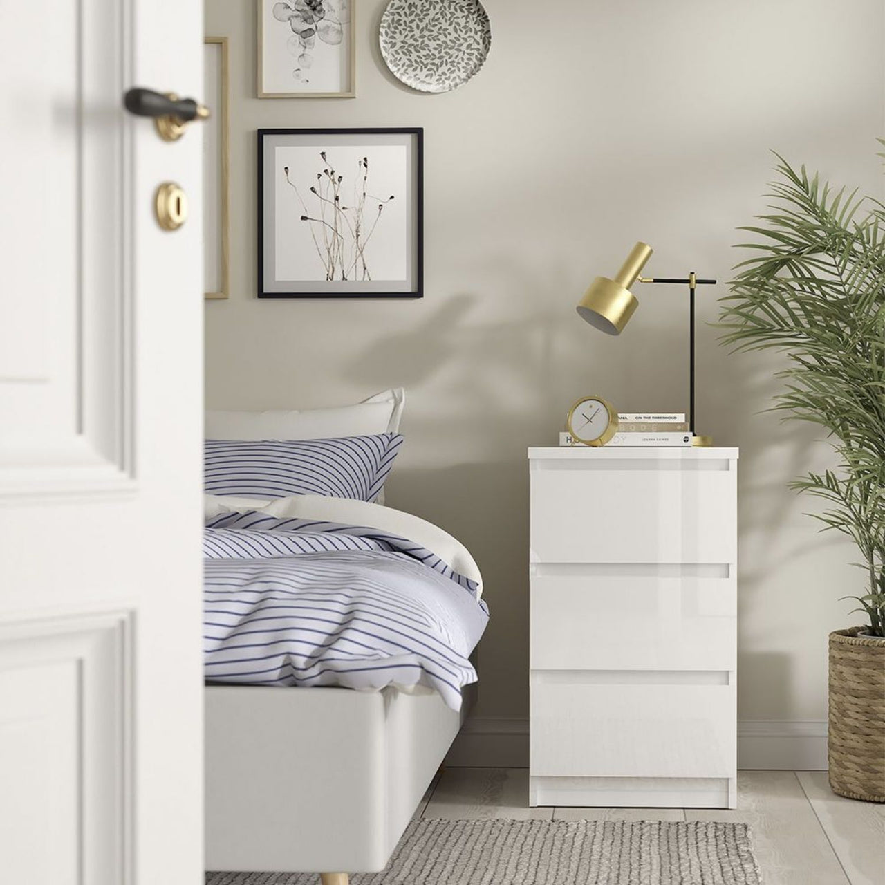 Naia Package Bedside 3 Drawers + Chest of 5 Drawers + Wardrobe with 2 doors + 1 drawer in White High Gloss