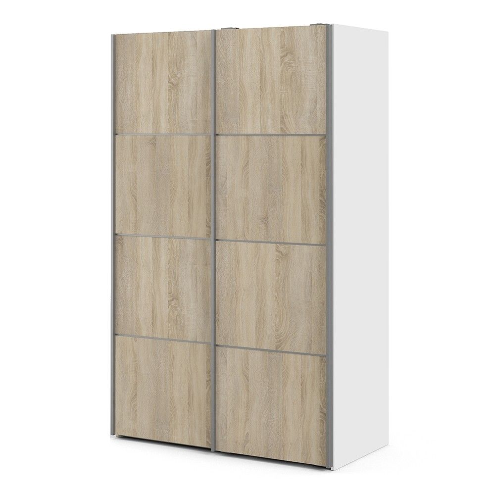 White Tall Sliding Wardrobe 120cm Light Oak 2 Doors 2 Shelves