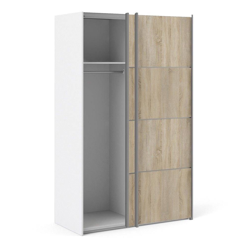 White Tall Sliding Wardrobe 120cm Light Oak 2 Doors 2 Shelves