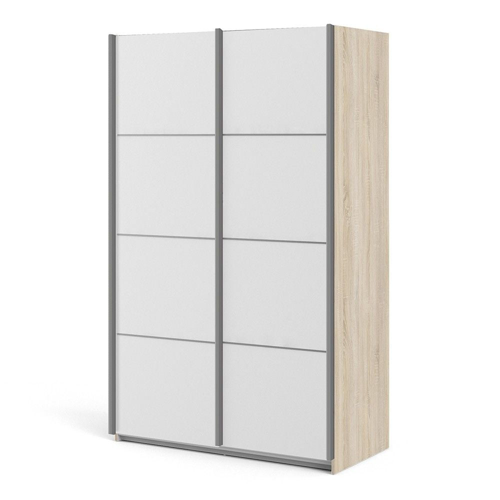 Tall Sliding Light Oak Wardrobe with White Doors