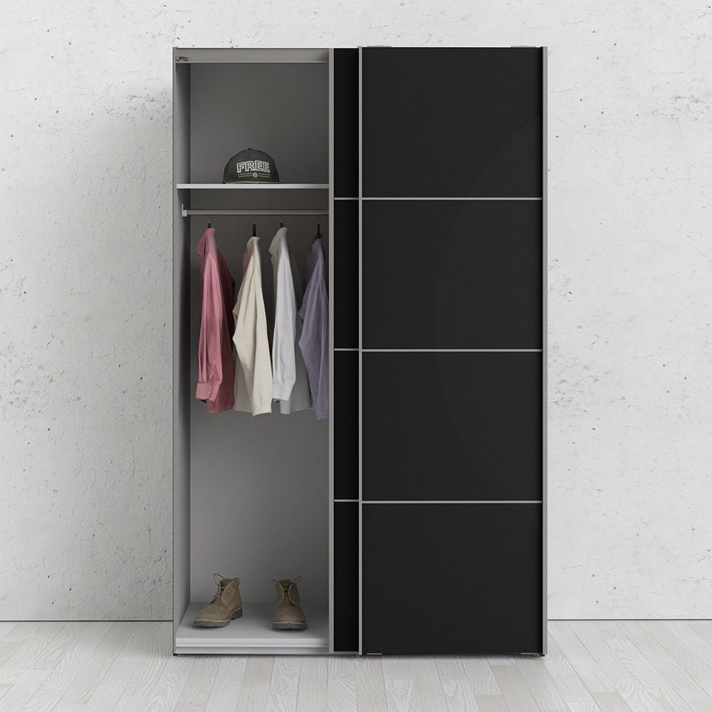 Verona Sliding Wardrobe 120cm in Black Matt With Black Matt Doors With 2 Shelves