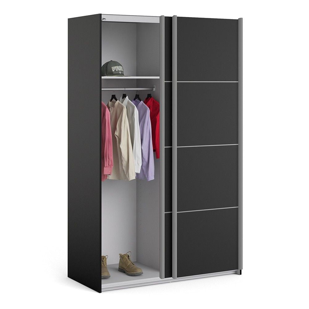 Verona Sliding Wardrobe 120cm in Black Matt With Black Matt Doors With 2 Shelves