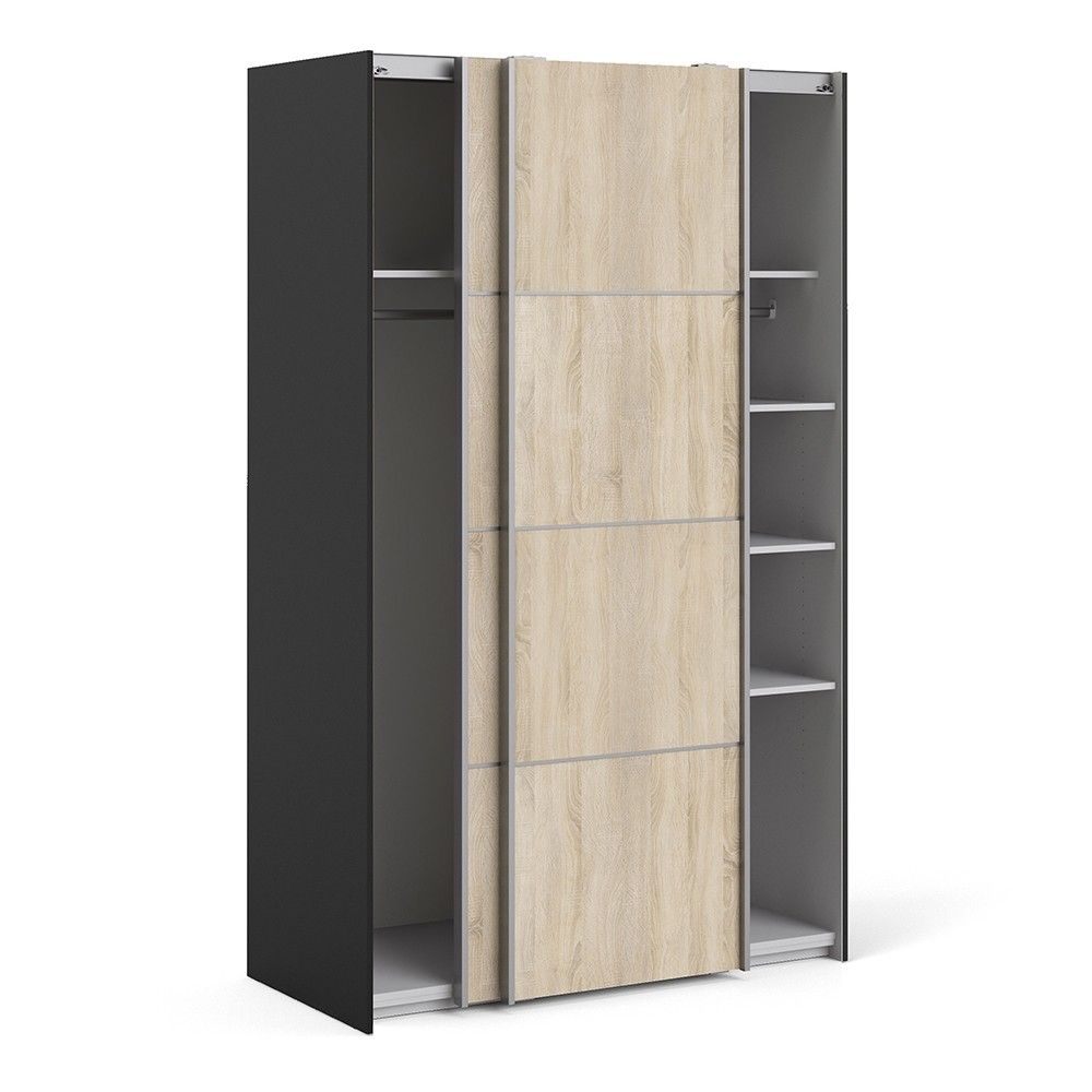 Black Matt Sliding Tall Wardrobe with Oak Doors with 5 Shelves