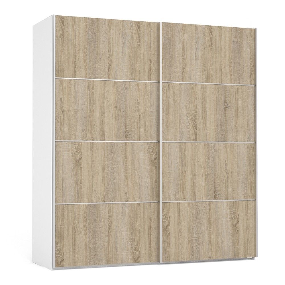 Traditional Tall Wide White In Oak Sliding 2 Door Double Wardrobe