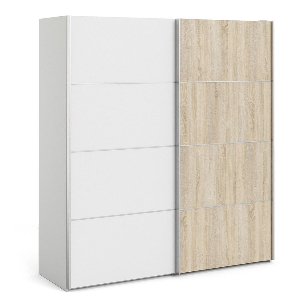 Wide White and Light Oak Sliding 2 Door Double Wardrobe