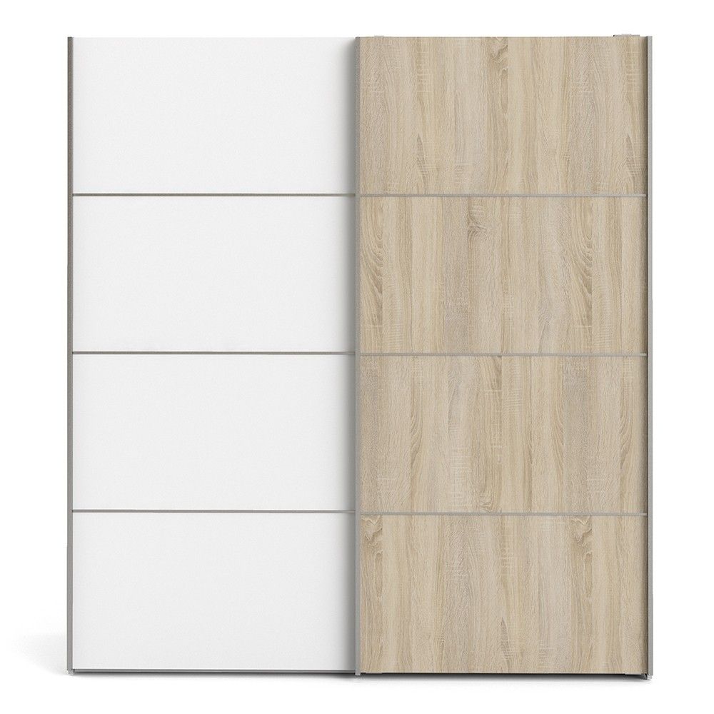 Wide White and Light Oak Sliding 2 Door Double Wardrobe