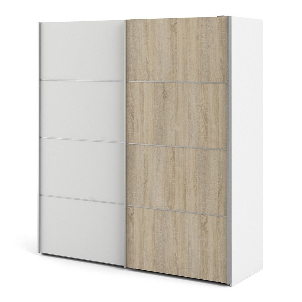 Wide White and Light Oak Sliding 2 Door Double Wardrobe