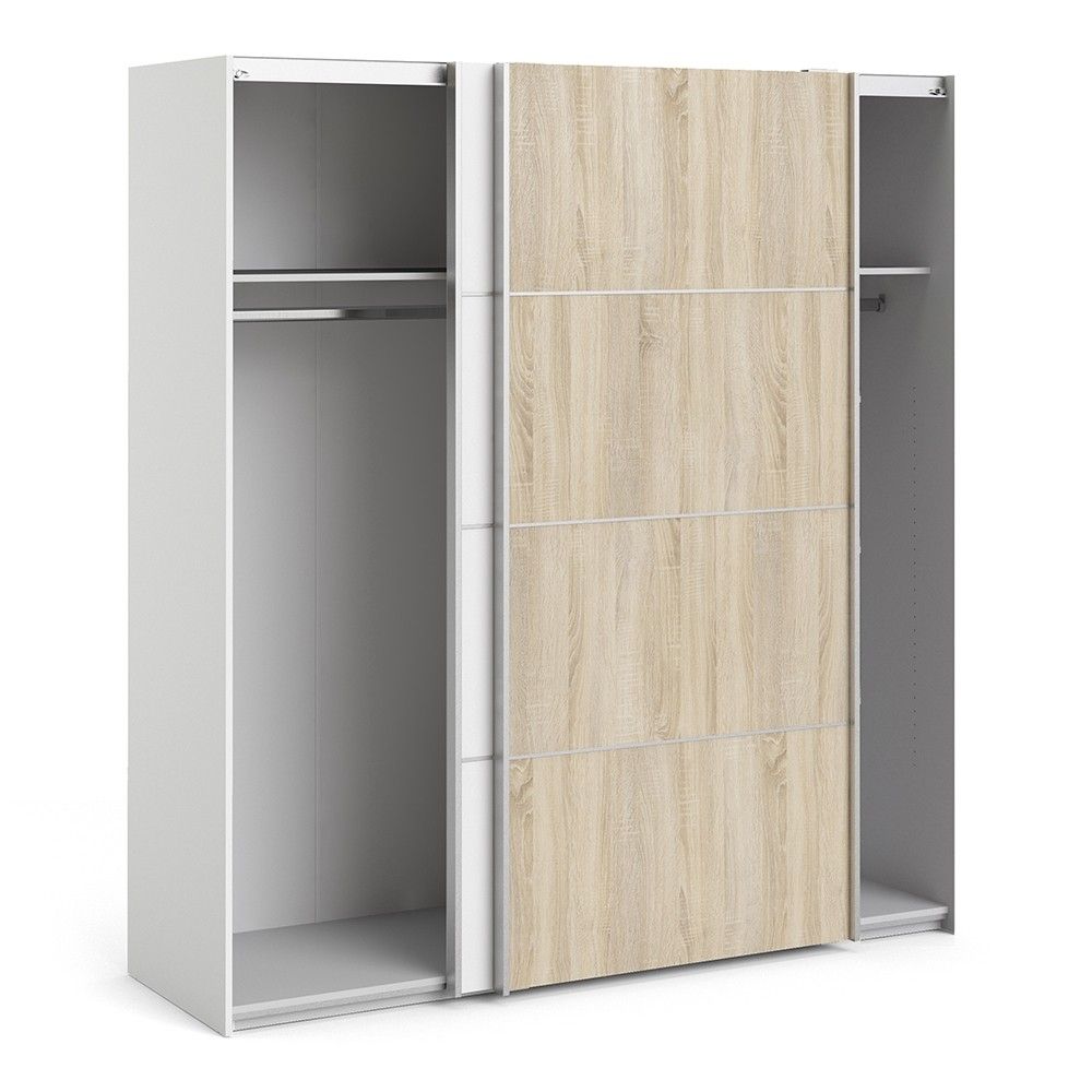 Wide White and Light Oak Sliding 2 Door Double Wardrobe