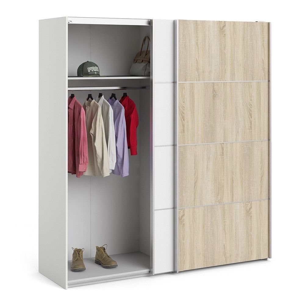 Wide White and Light Oak Sliding 2 Door Double Wardrobe