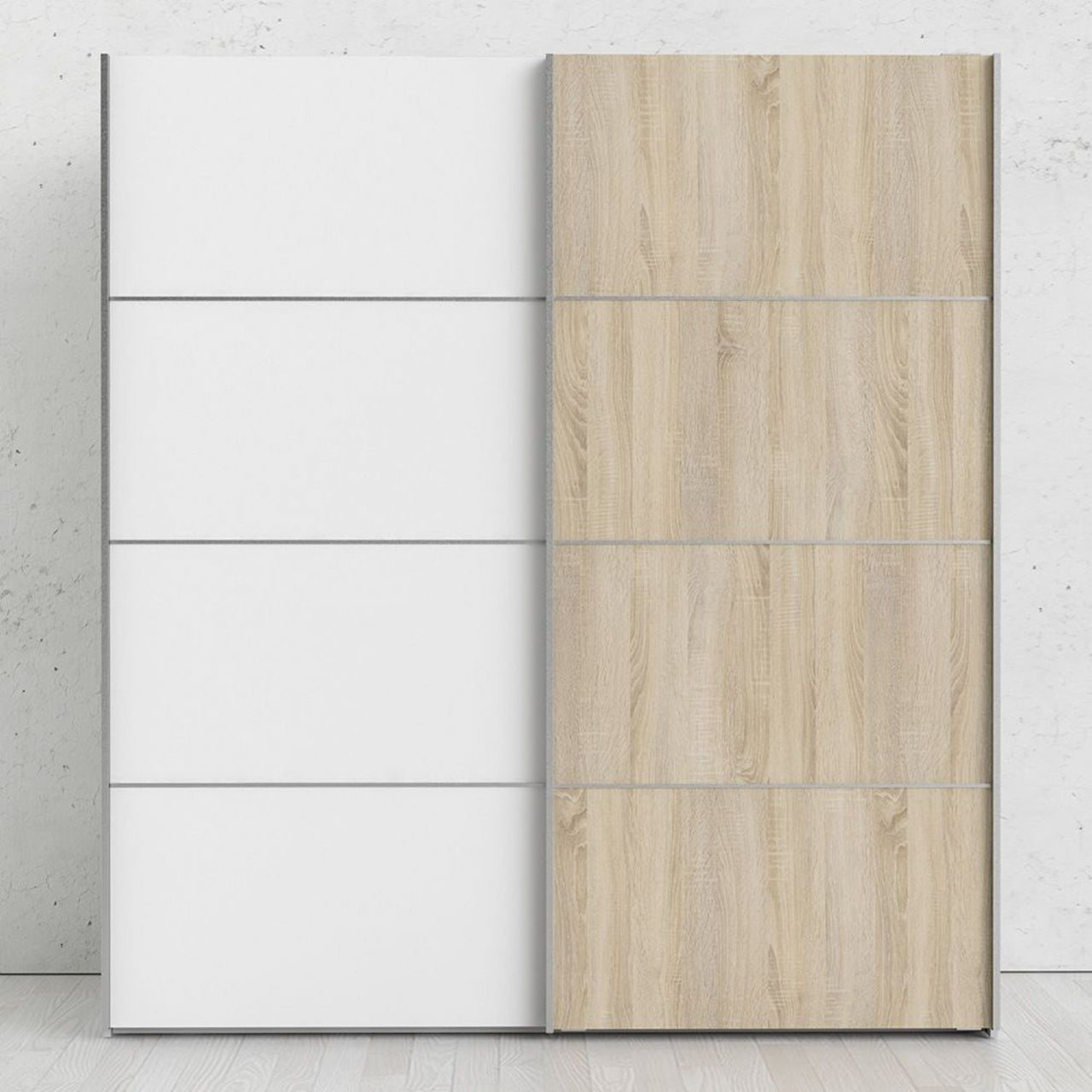 Wide White and Light Oak Sliding 2 Door Double Wardrobe