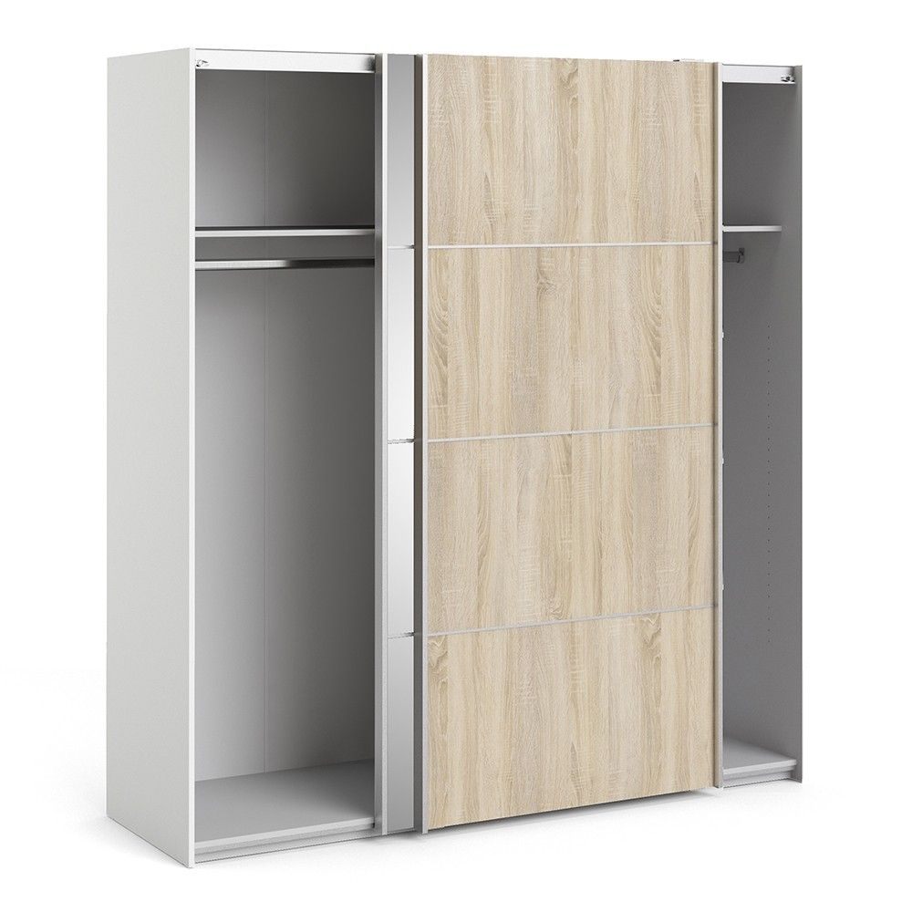 White Light Oak and Mirror Glass Sliding 2 Door Double Wardrobe