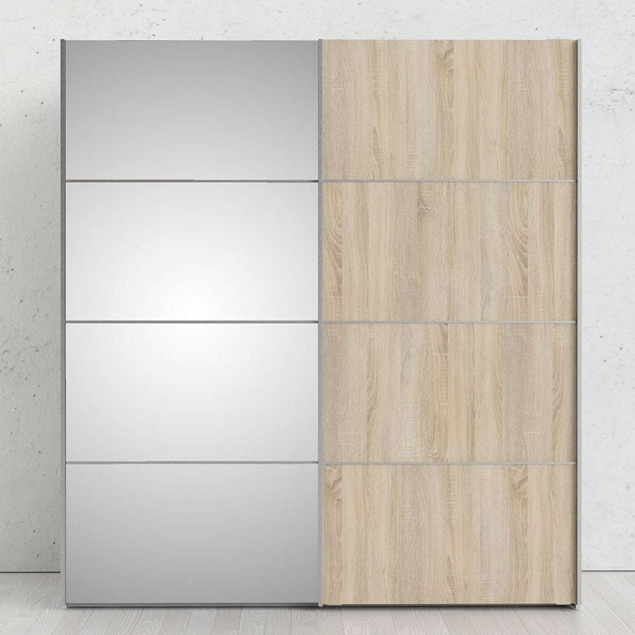 White Light Oak and Mirror Glass Sliding 2 Door Double Wardrobe