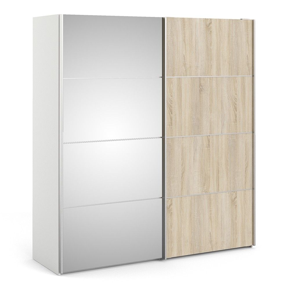 White With Oak and Mirrored Glass Sliding 2 Door Double Wardrobe