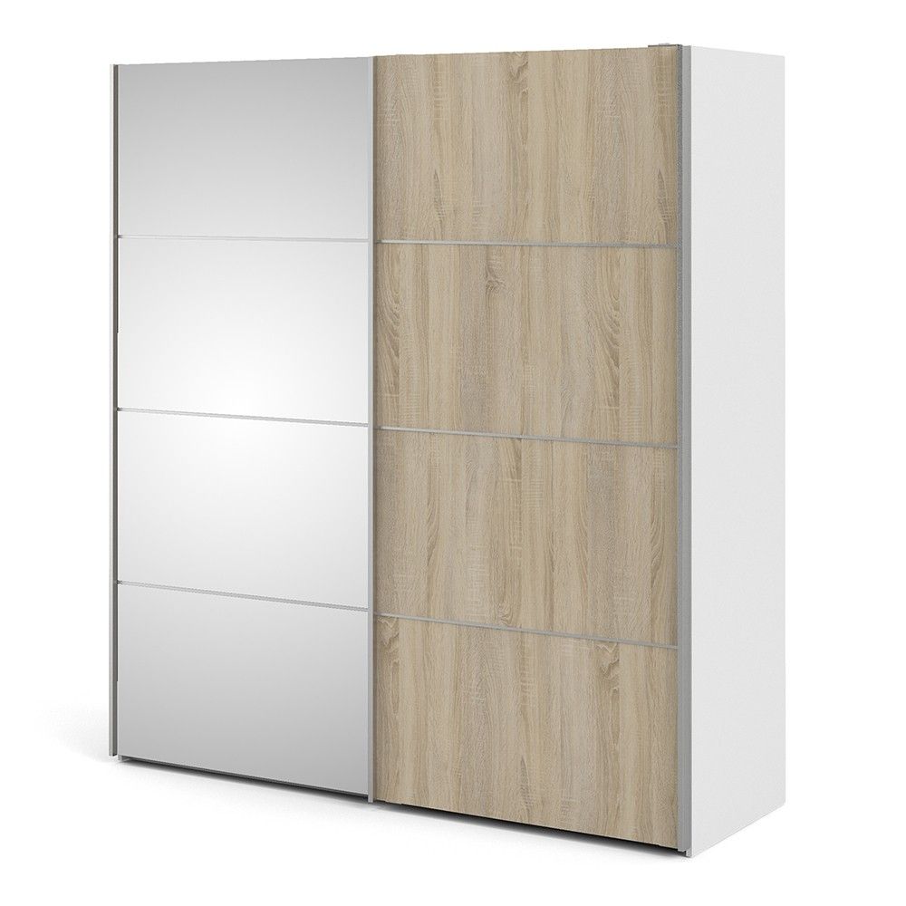 White With Oak and Mirrored Glass Sliding 2 Door Double Wardrobe