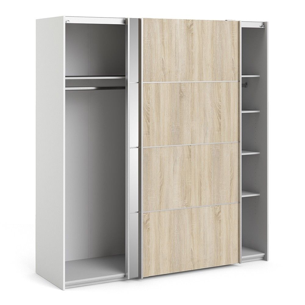 White With Oak and Mirrored Glass Sliding 2 Door Double Wardrobe