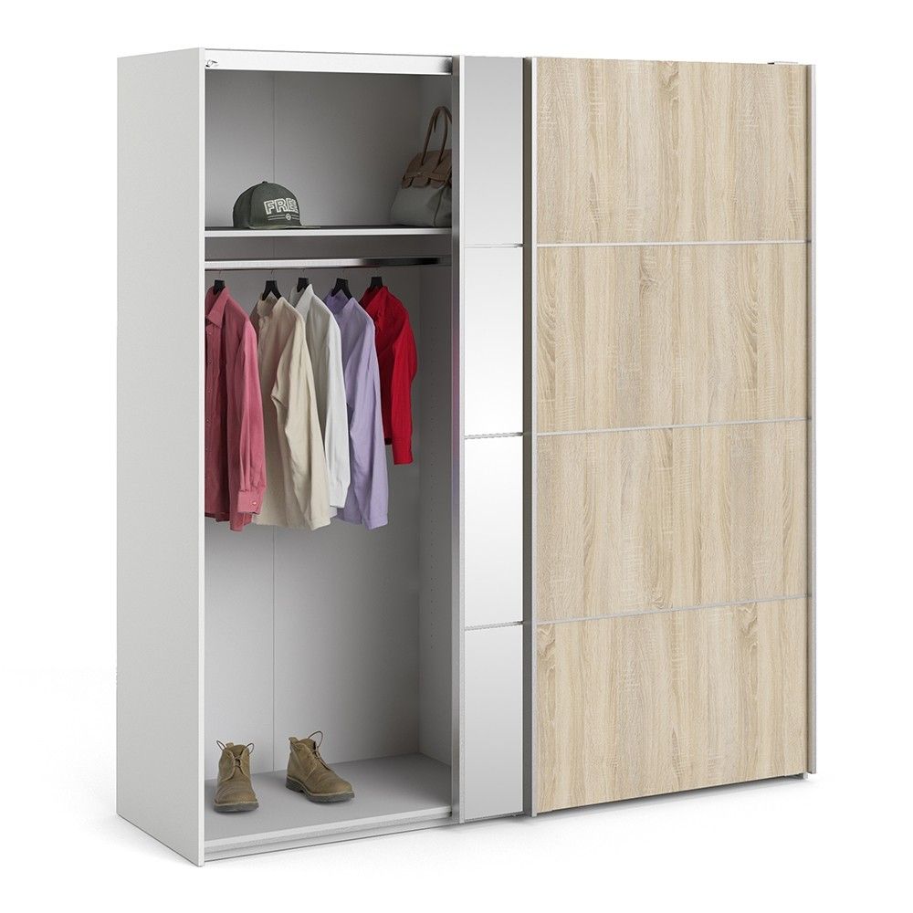 White With Oak and Mirrored Glass Sliding 2 Door Double Wardrobe