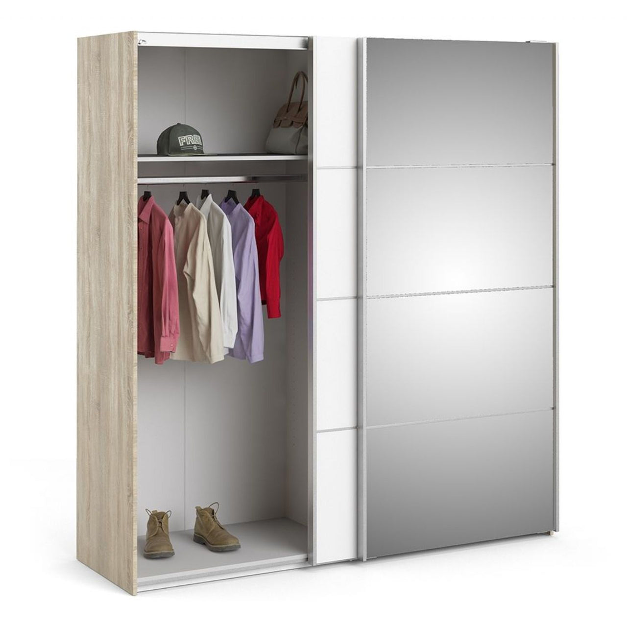 Oak White Mirrored Glass 2 Sliding Double Door Wardrobe