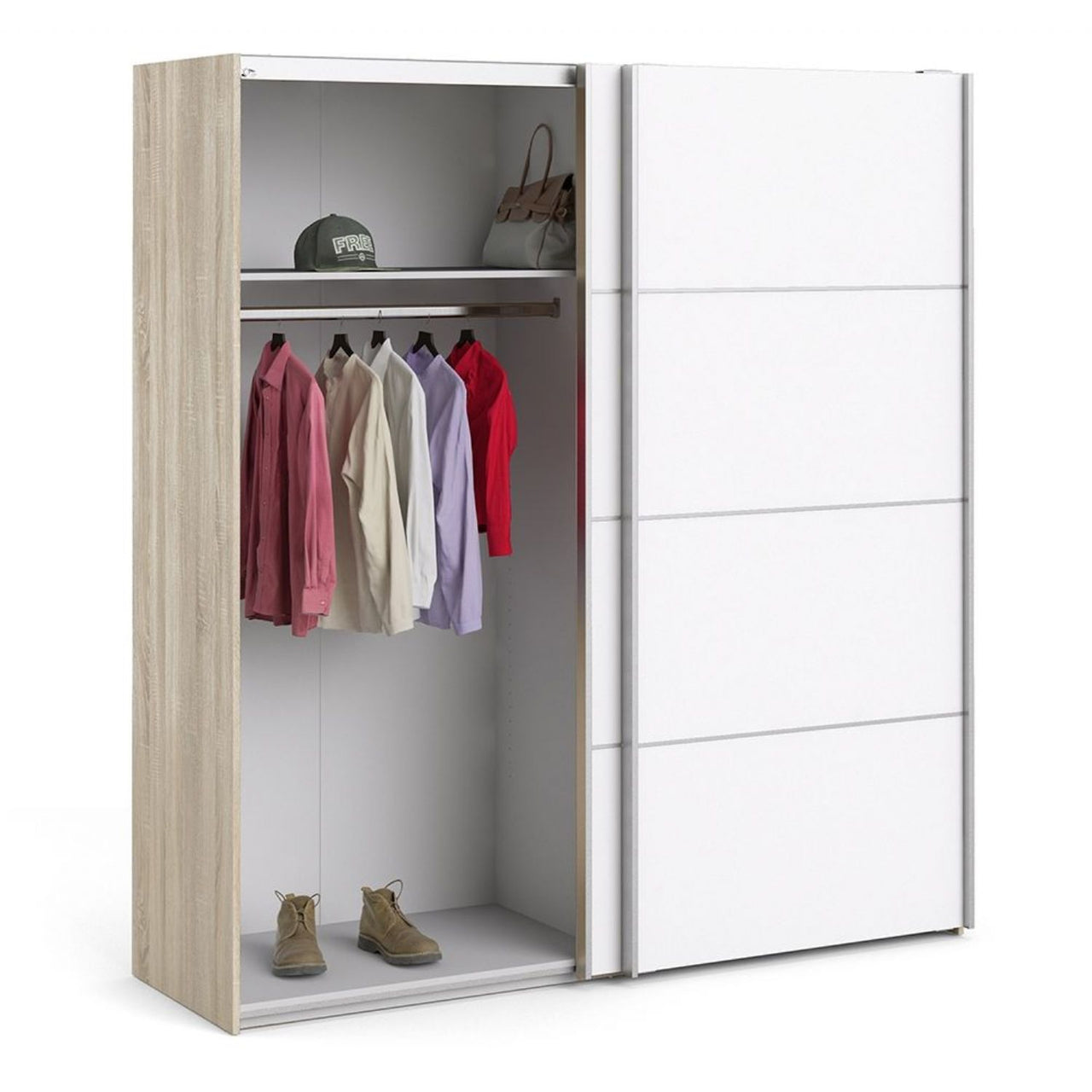 Wide Tall Oak and White Sliding 2 Door Double Wardrobe