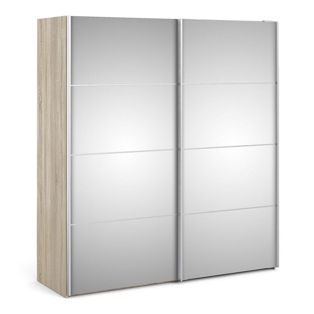 Oak Frame Mirrored Glass Sliding 2 Door Double Wardrobe