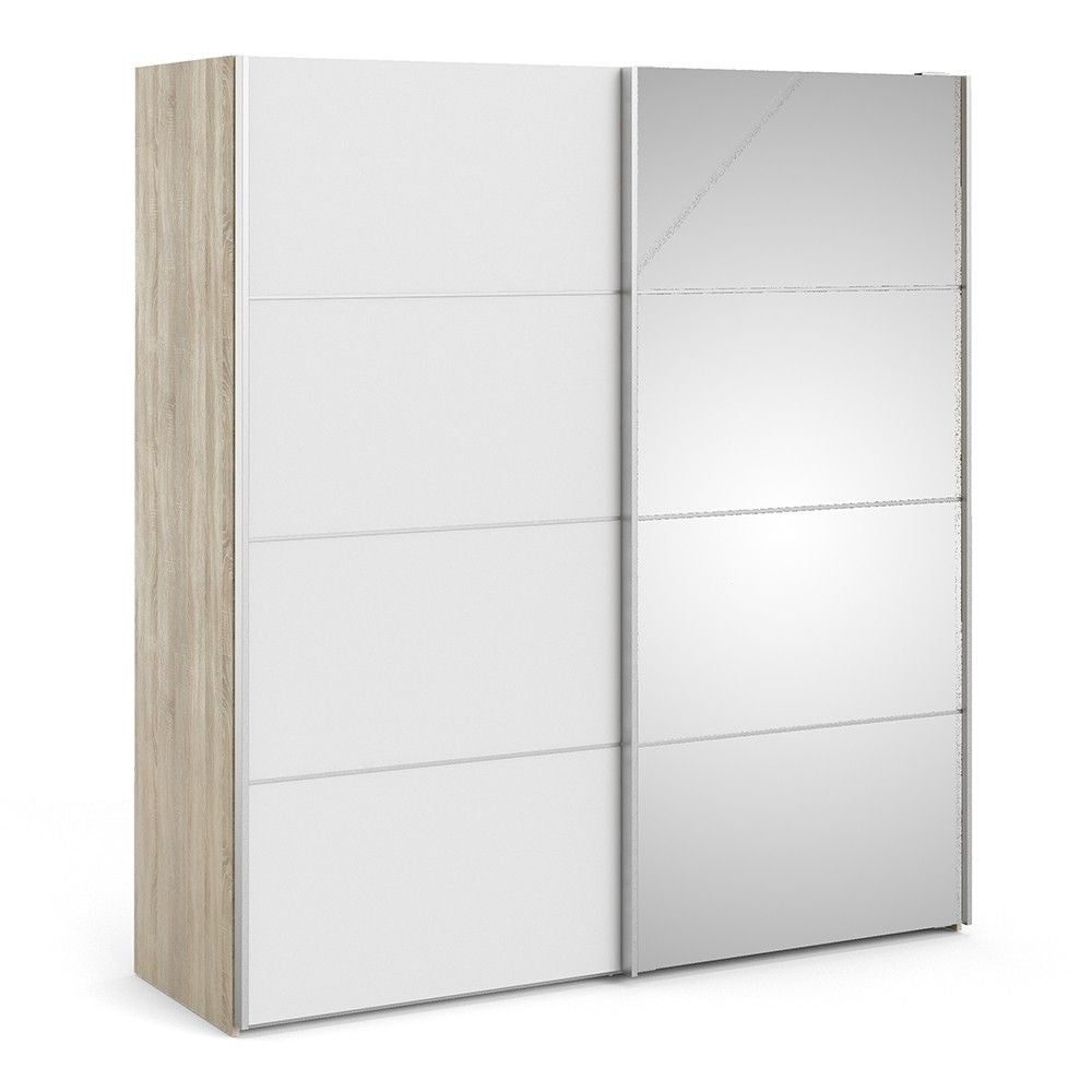 Oak White Mirrored Glass Sliding 2 Door Double Wardrobe