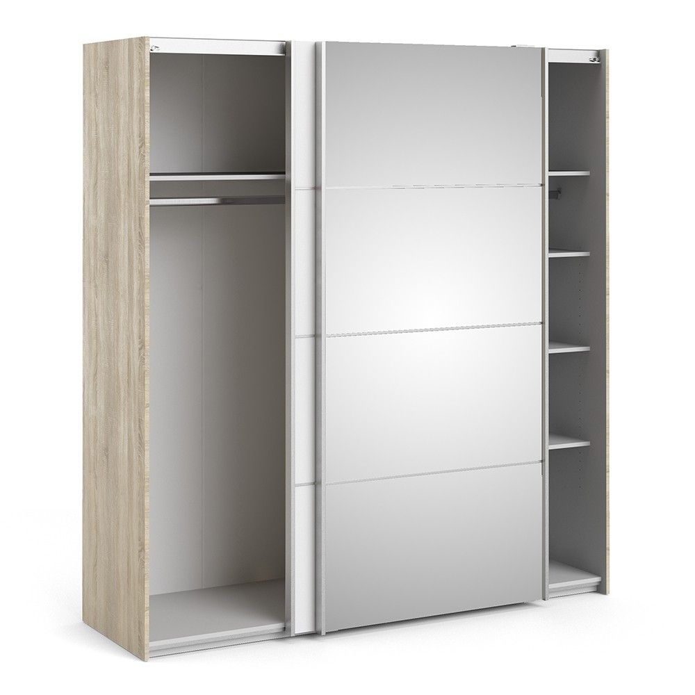 Oak White Mirrored Glass Sliding 2 Door Double Wardrobe