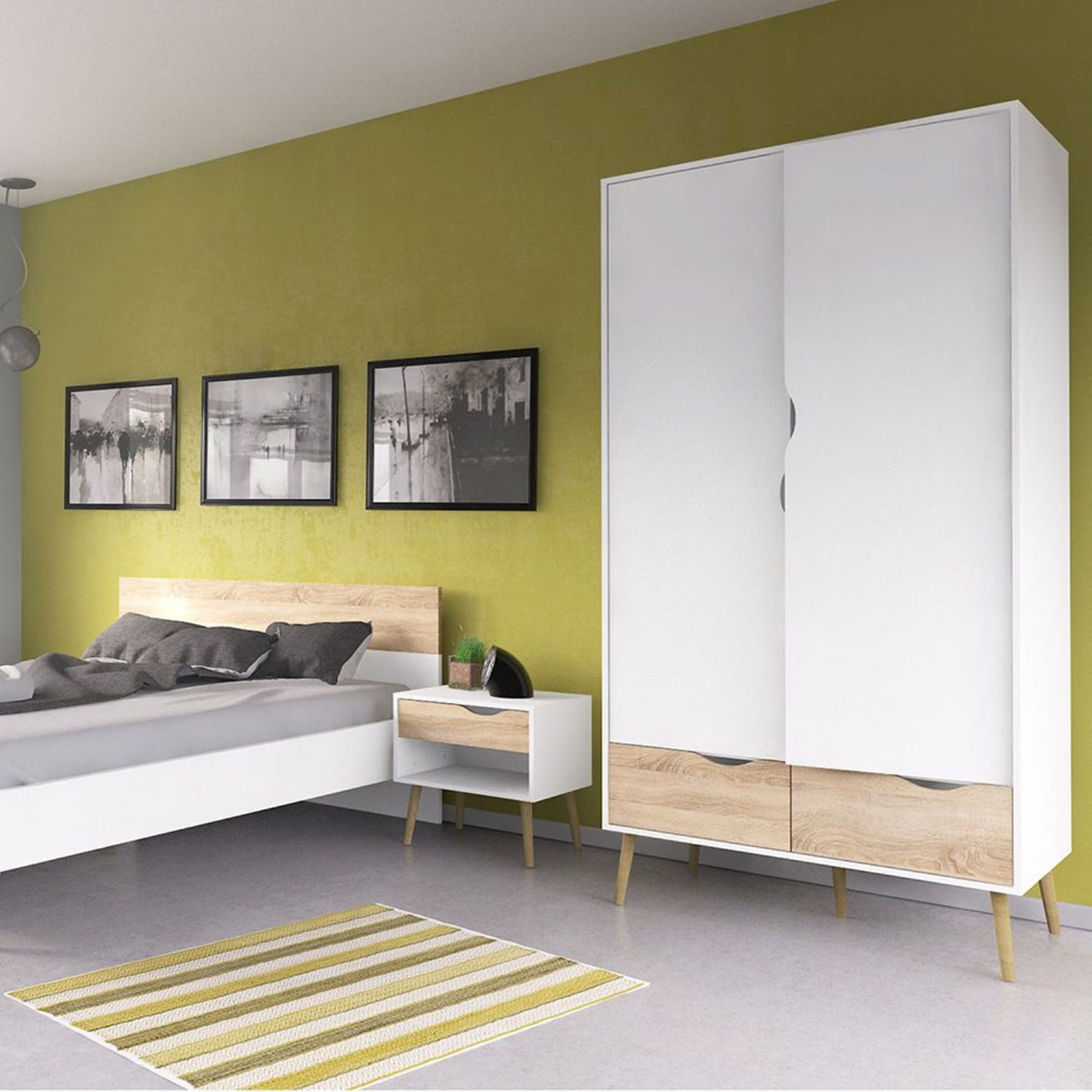 Oslo Package Bedside 1 Drawer + Chest of 5 Drawers (2+3) + Wardrobe 2 Doors 2 Drawers in White and Oak