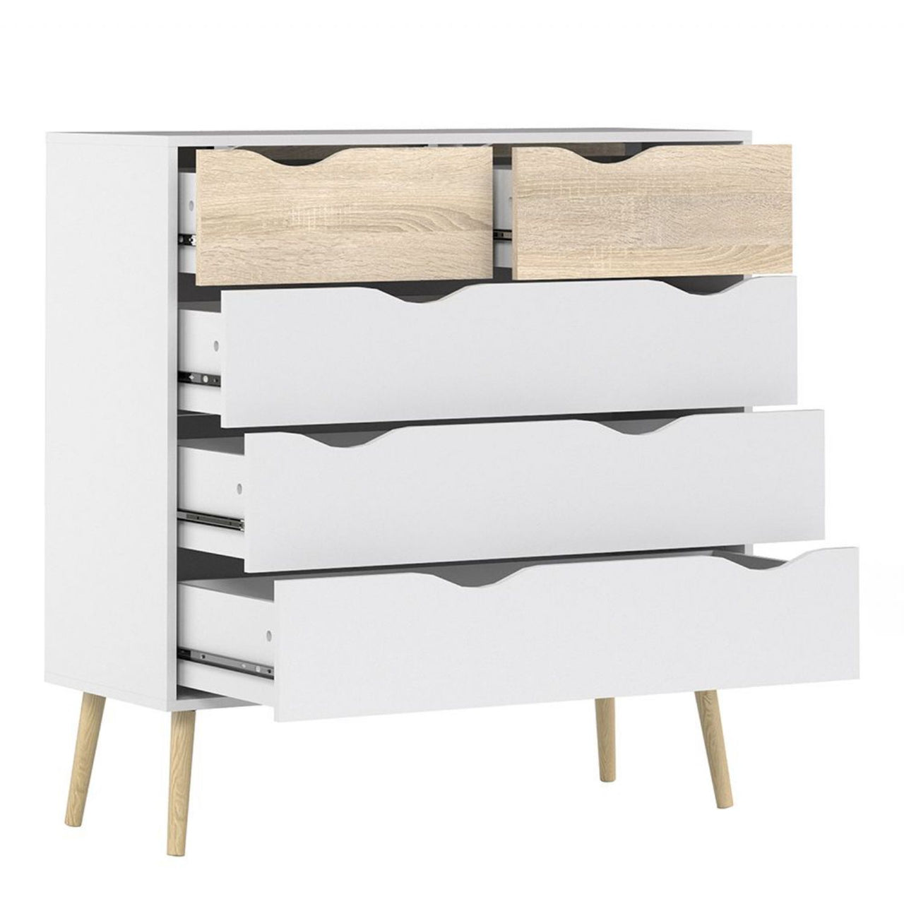 Oslo Package Bedside 1 Drawer + Chest of 5 Drawers (2+3) + Wardrobe 2 Doors 2 Drawers in White and Oak