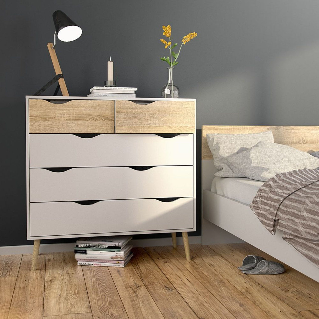 Oslo Package Bedside 1 Drawer + Chest of 5 Drawers (2+3) + Wardrobe 2 Doors 2 Drawers in White and Oak