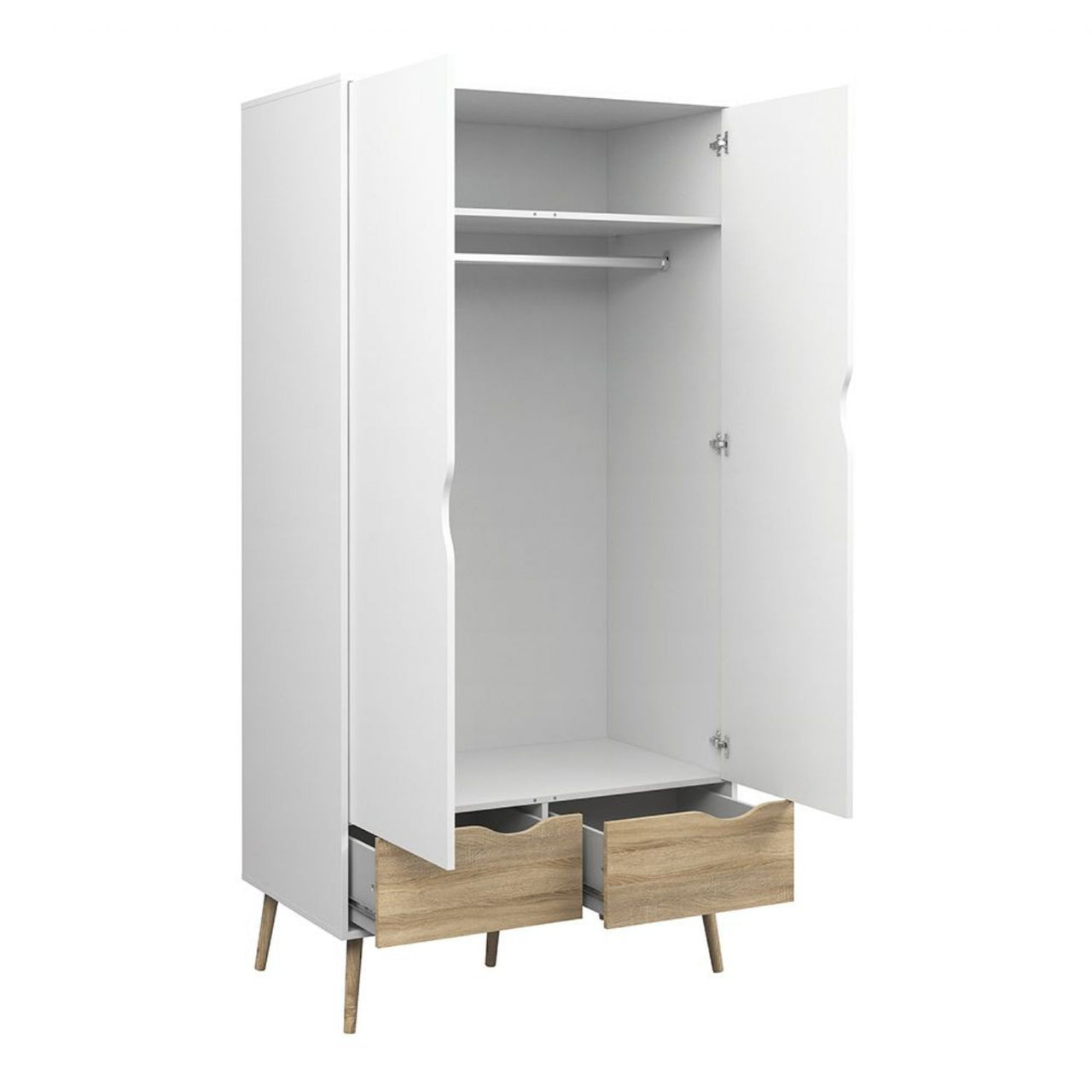 Oslo Package Bedside 1 Drawer + Chest of 5 Drawers (2+3) + Wardrobe 2 Doors 2 Drawers in White and Oak